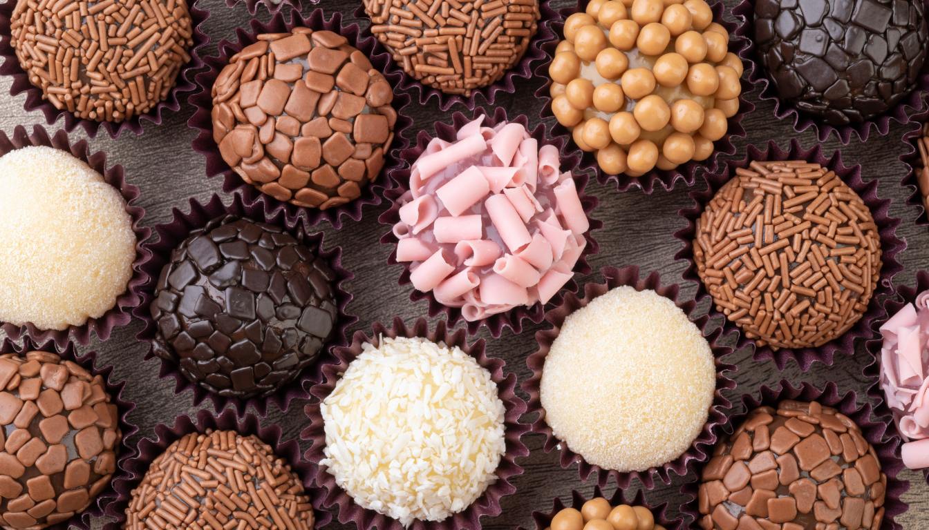 Caixa aberta com brigadeiros gourmet para vender perfeitamente redondos e decorados com raspas de chocolate, apoiada sobre uma bancada clara. Uma excelente ideia de doces para vender e gerar renda extra em casa